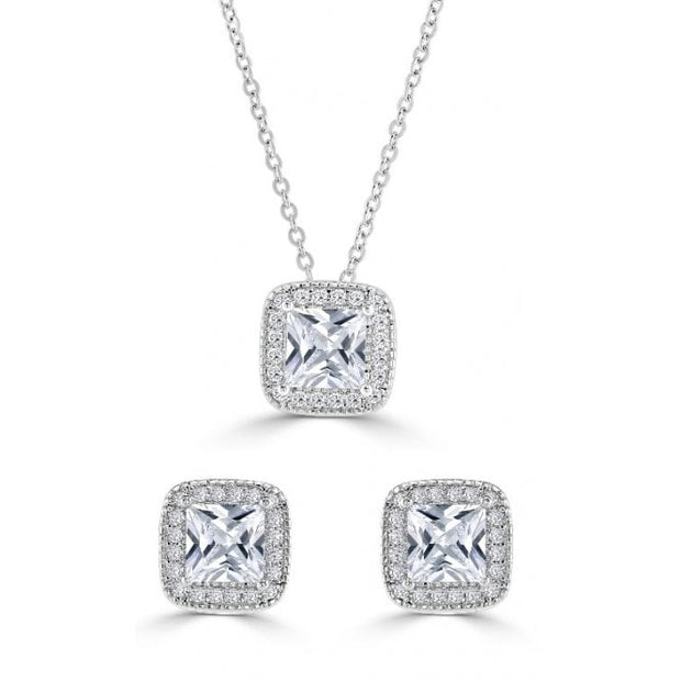 Rhodium Plated Cubic Zirconia Necklace & Earring Set