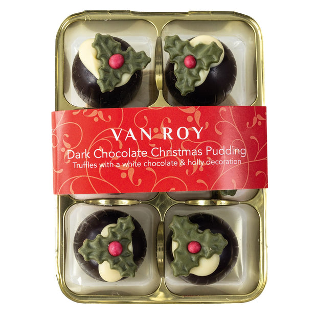 Van Roy Dark choc Christmas pudding with rum truffle in clear gift 6 pack 75g