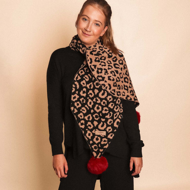 Zelly Animal Print Knitted Pom Pom Scarf**