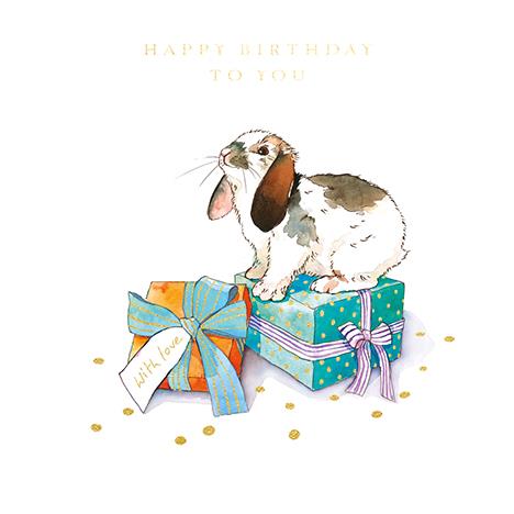 Ling Design Watercolour Rabbit Sitting On Presents Birthday Card*