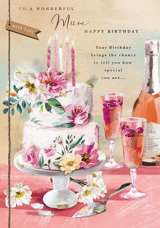 Paper House Cake with Flower and Champagne Mum Birthday Card*