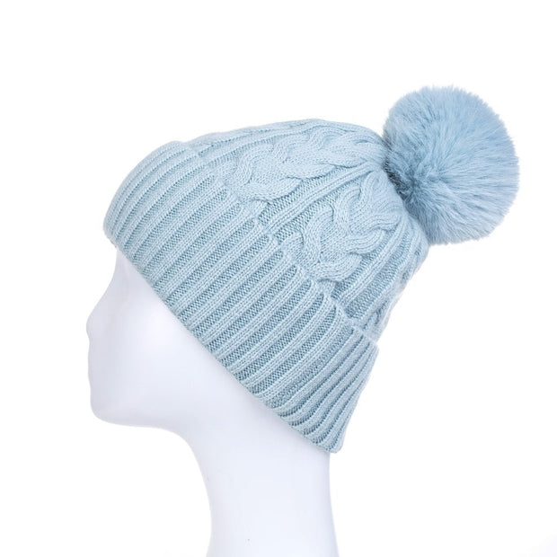 Ice Blue Cable Knit Faux Fur Bobble Hat*