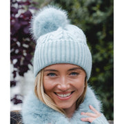 Ice Blue Cable Knit Faux Fur Bobble Hat*