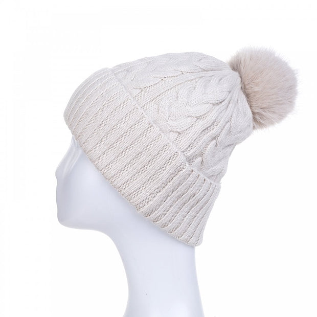 Stone Cable Knit Faux Fur Bobble Hat*