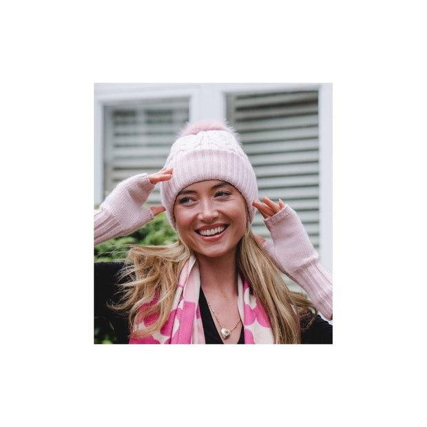 Pink Cable Knit Faux Fur Bobble Hat*