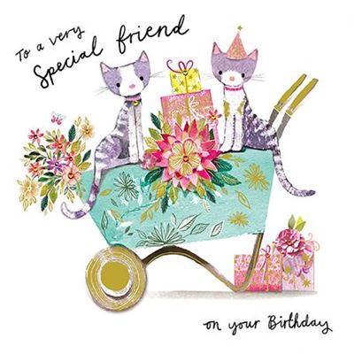 Paper Rose Cats in a Wheelbarrow Friend Birthday Card*