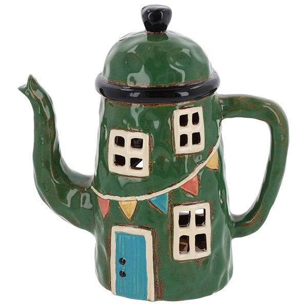 Village Pottery Green Teapot House Tealight Holder Ornament H