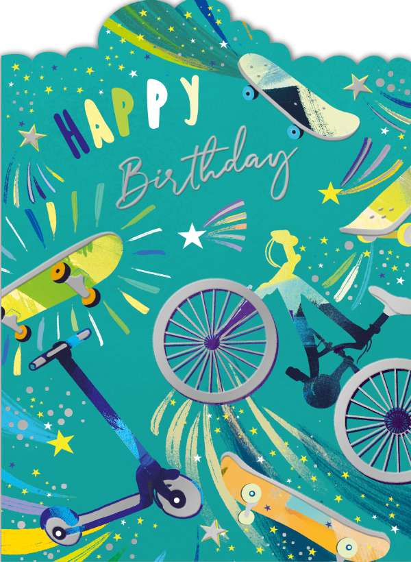 Noel Tatt Scooters, Skate Boards & Bikes Birthday Card*