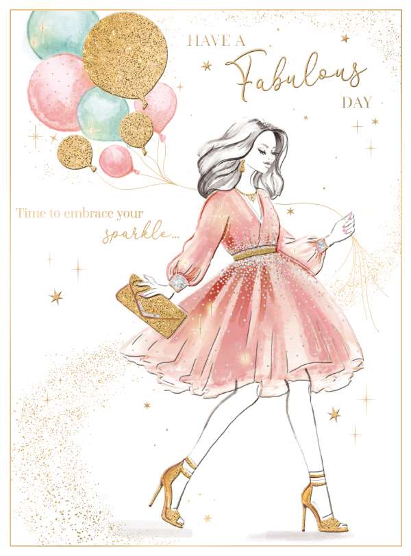 Noel Tatt Dressed-Up Lady With Balloons Birthday Card