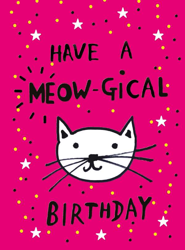 Noel Tatt Neon Pink Card With Happy Cat And Stars Birthday Card