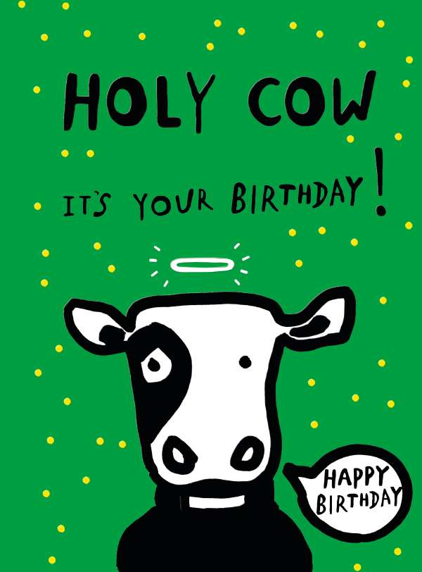 Noel Tatt Neon Green Card With Funky Cow With Halo Birthday Card