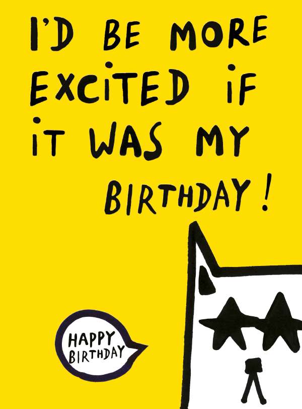 Noel Tatt Bright Yellow Card With Funky Cat With Star Eyes Birthday Card