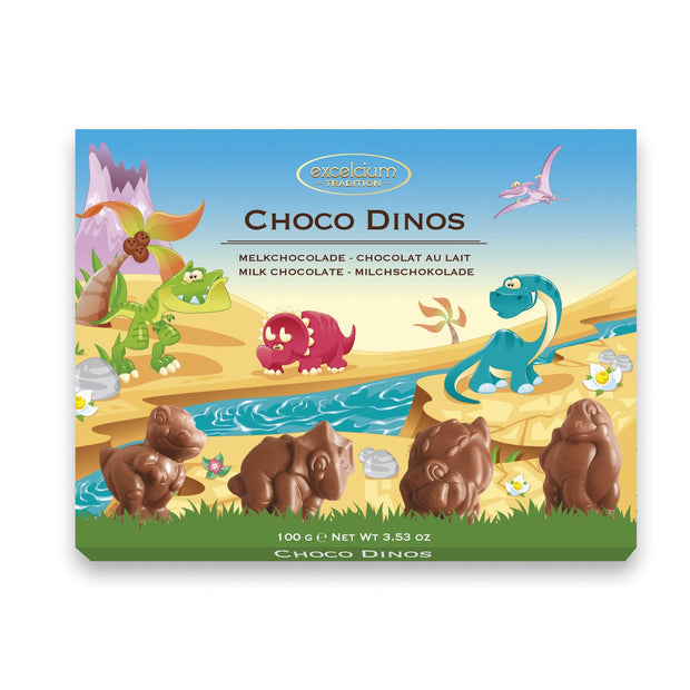 Excelcium solid milk chocolate dinosaur pieces in carton 100g