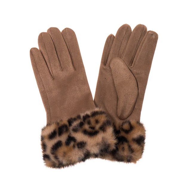 Mocha Mousse Leopard Print Faux Fur Cuff Ladies Gloves**