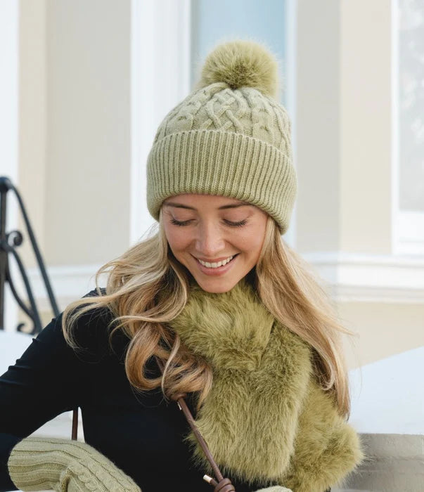 Artichoke Green Cable Knit Faux Fur Bobble Hat**