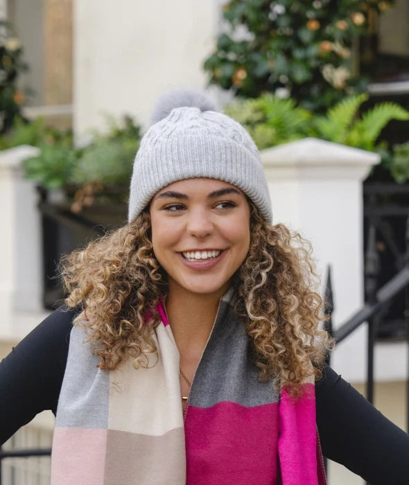 Pebble Grey Cable Knit Faux Fur Bobble Hat**