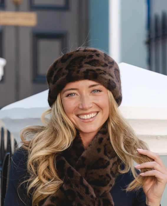 Leopard Print Cocoa Faux Fur Headband Hat**