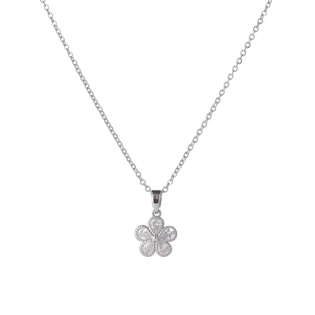 Rhodium Plated Clover Necklace With Cubic Zirconia Stones**