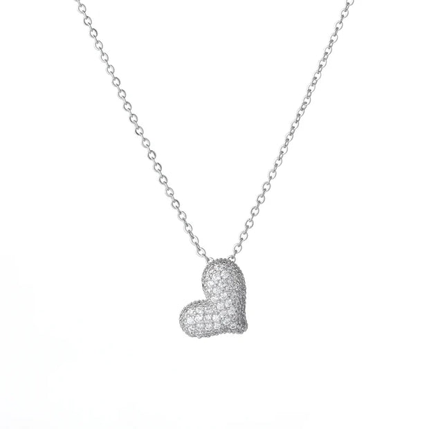 Rhodium Plated Heart Necklace With Cubic Zirconia Stones**