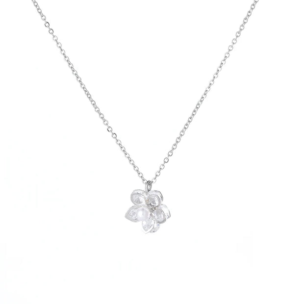 Rhodium Plated Flower Necklace With Cubic Zirconia Stones**