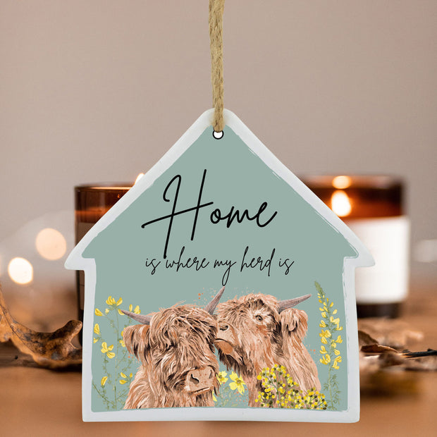 Highland Cow " Home is where my herd is" Ceramic Plaque