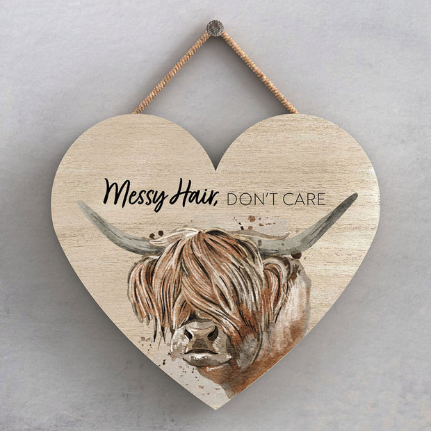Highland Cow "Messy Hair, Don't Care!" Heart Plaque