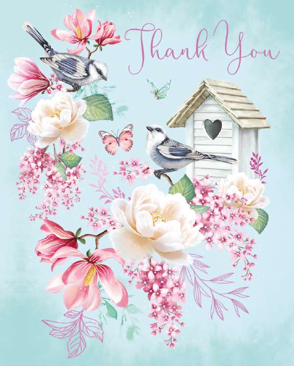 Noel Tatt Thank You Floral Bird House Notelets pack of 4