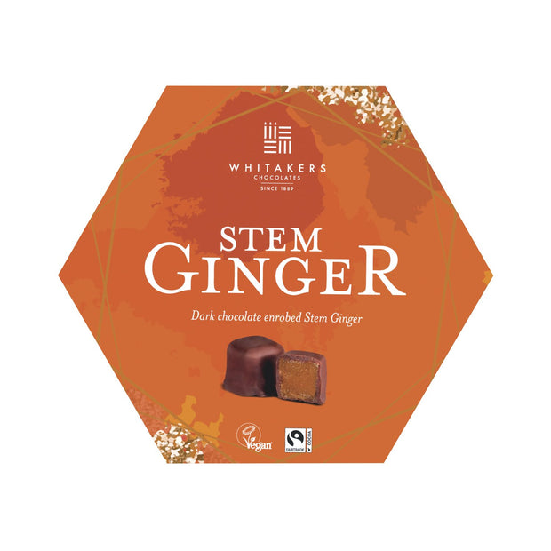 Whitakers dark chocolate covered stem ginger in hexagon box 180g