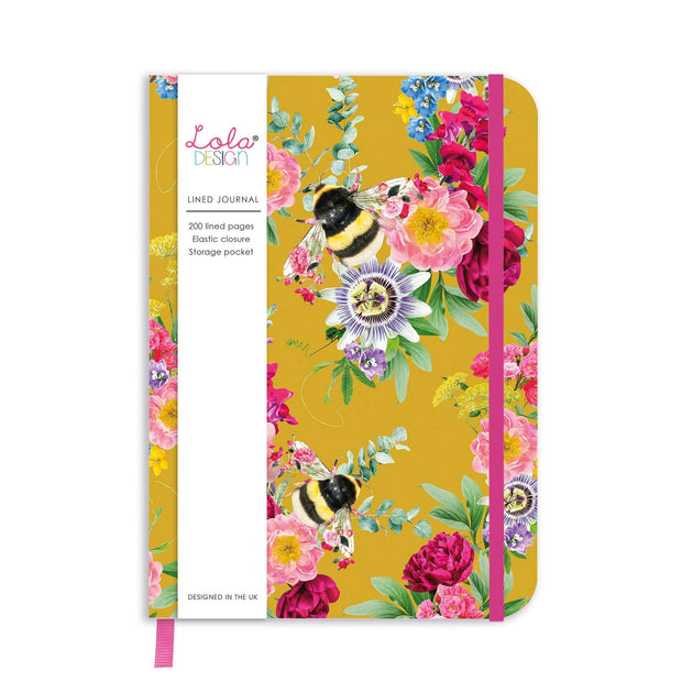 Lola Designs Mustard bee Pattern Hardback Journal with Elastic Closure