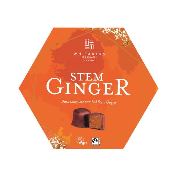 Whitakers dark chocolate covered stem ginger in hexagon box 180g