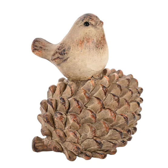 Country Living Autumn Wood Effect Resin Bird On A Pinecone*