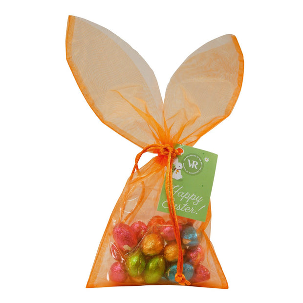 Van Roy Orange Organza bunny ears bag of foiled solid milk choc mini eggs 100g