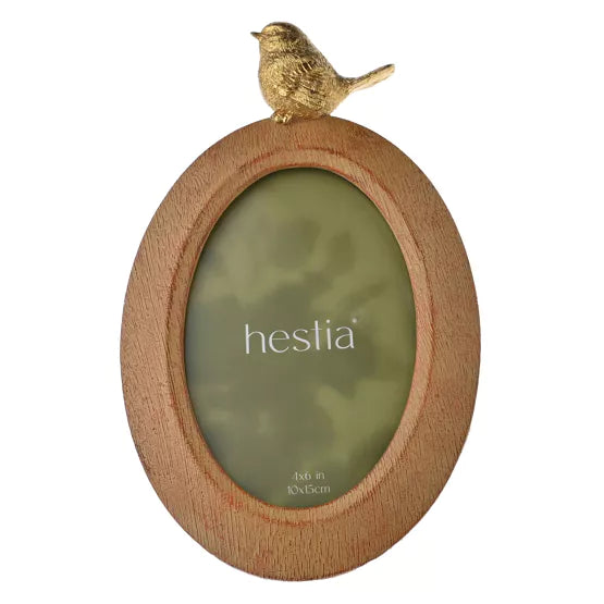 Hestia Wood Effect Oval Frame with Gold Bird 4" x 6"