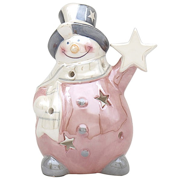 Pink Lustre Christmas Small Snowman Tealight Holder