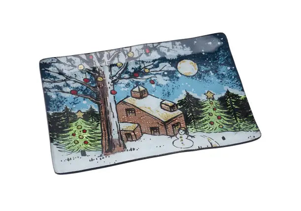 Christmas Cabin Medium Rectangle Glass Plate